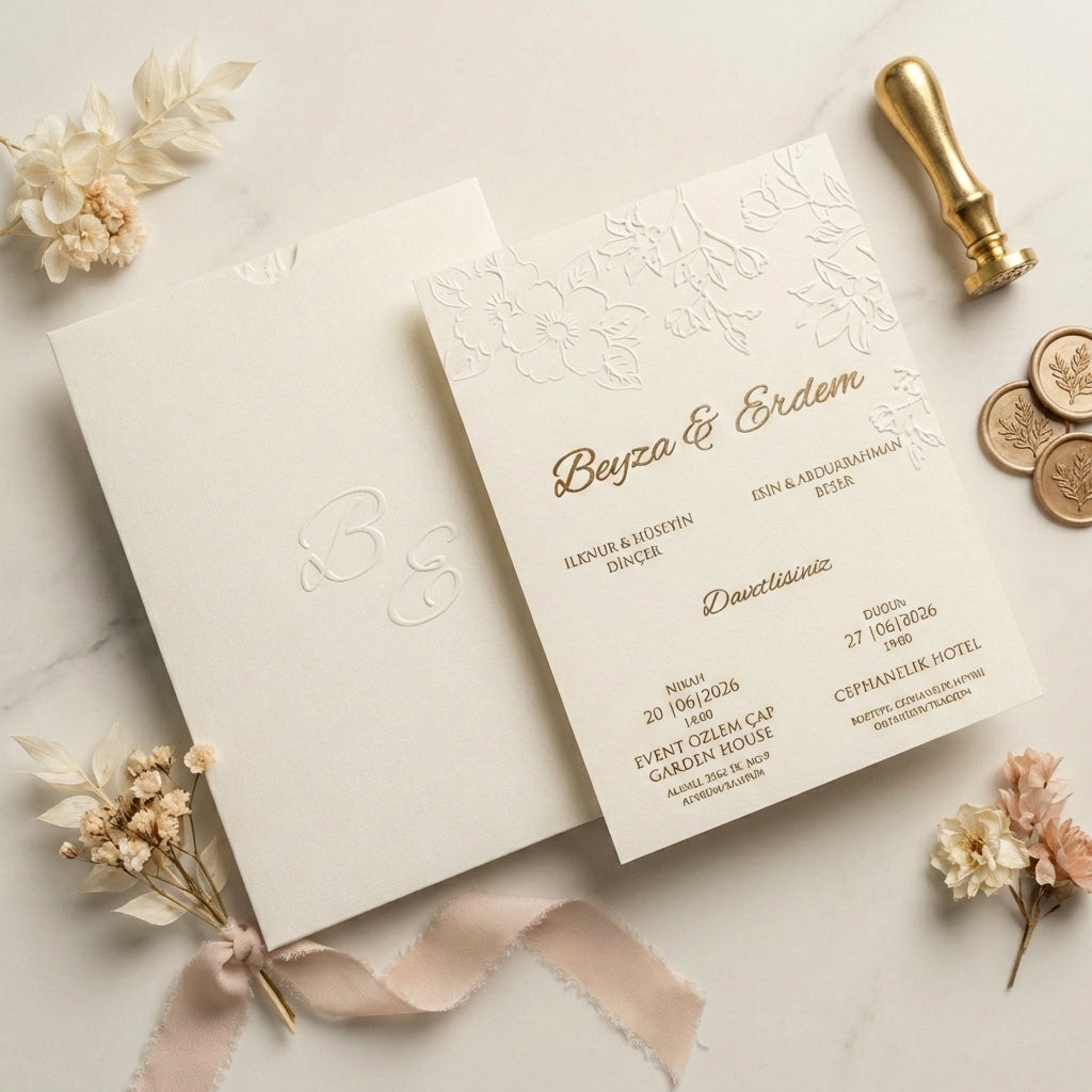 Luminae ivory wedding invitation featuring embossed floral details, gold calligraphy, and a matching monogram pocket.