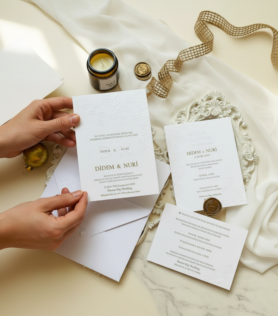 Luminae - Beyaz Kabartma Detaylı Davetiye Seti - Görsel 5