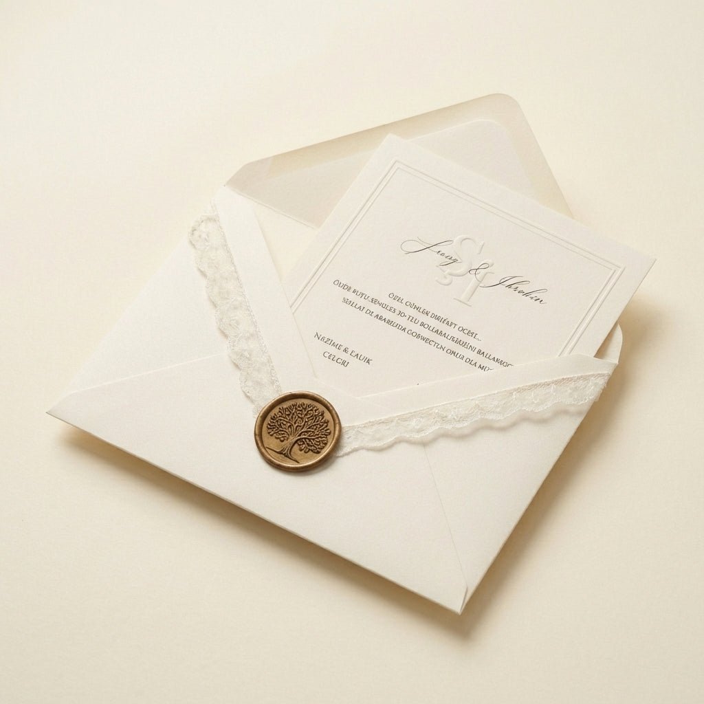 Celestia wedding invitation card inside a cream envelope with white lace trim and a gold tree of life wax seal.