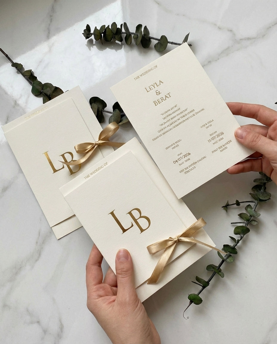 Hands hold the Aurielia wedding invitation suite featuring a gold foil monogram, silk ribbon, and textured ivory paper.