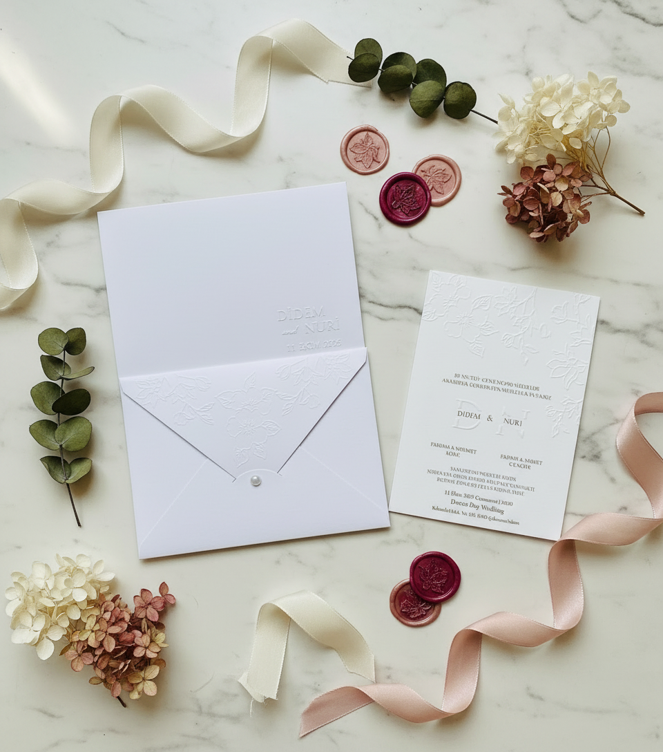 Luminae - Beyaz Kabartma Detaylı Davetiye Seti - Görsel 2
