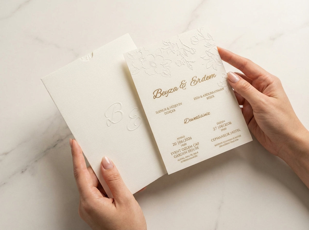Hands holding the Luminae floral ivory wedding invitation featuring embossed textures and gold foil calligraphy.