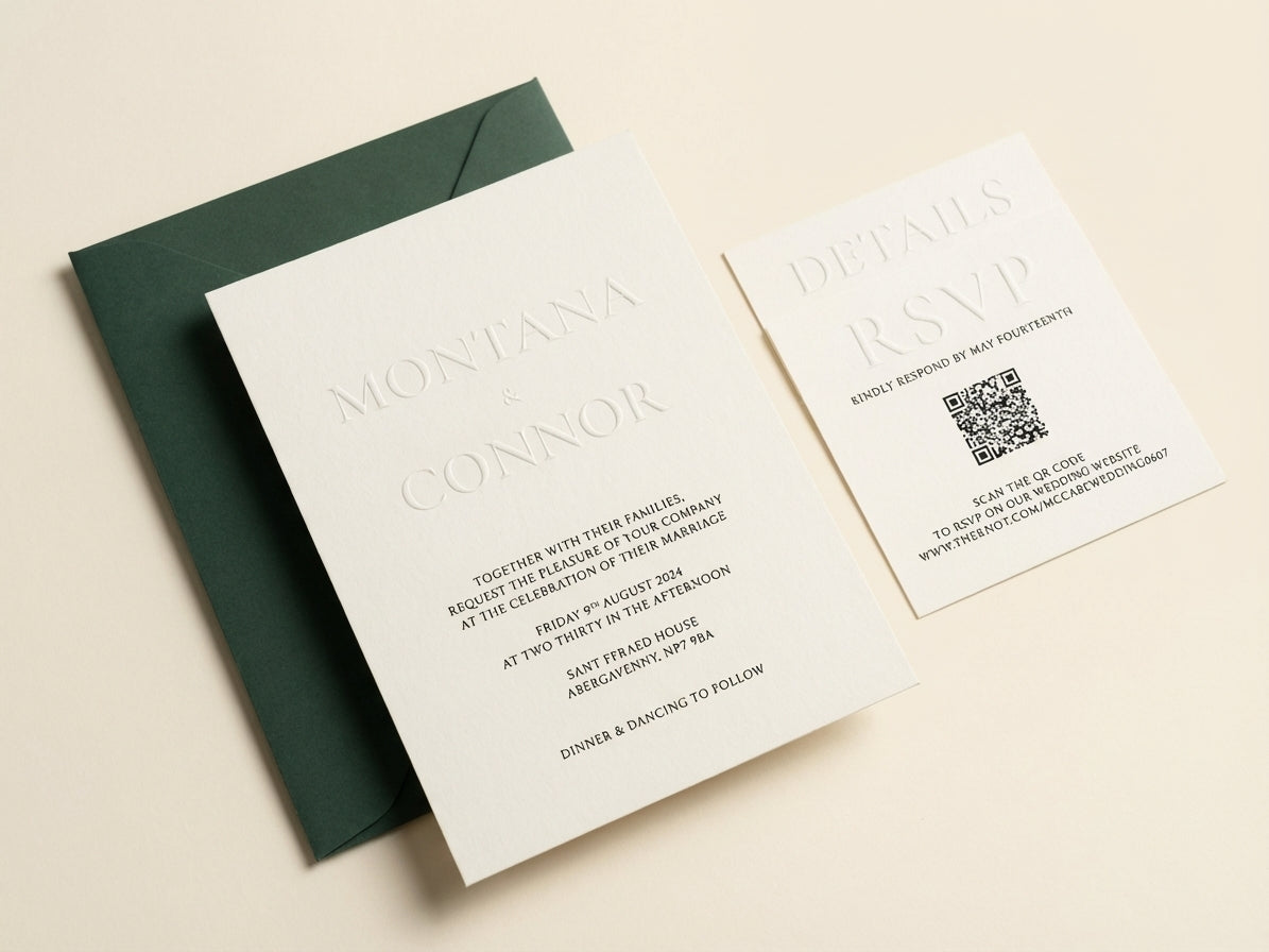 Althea luxury wedding invitation featuring embossed ivory cardstock and a forest green envelope for a modern aesthetic.