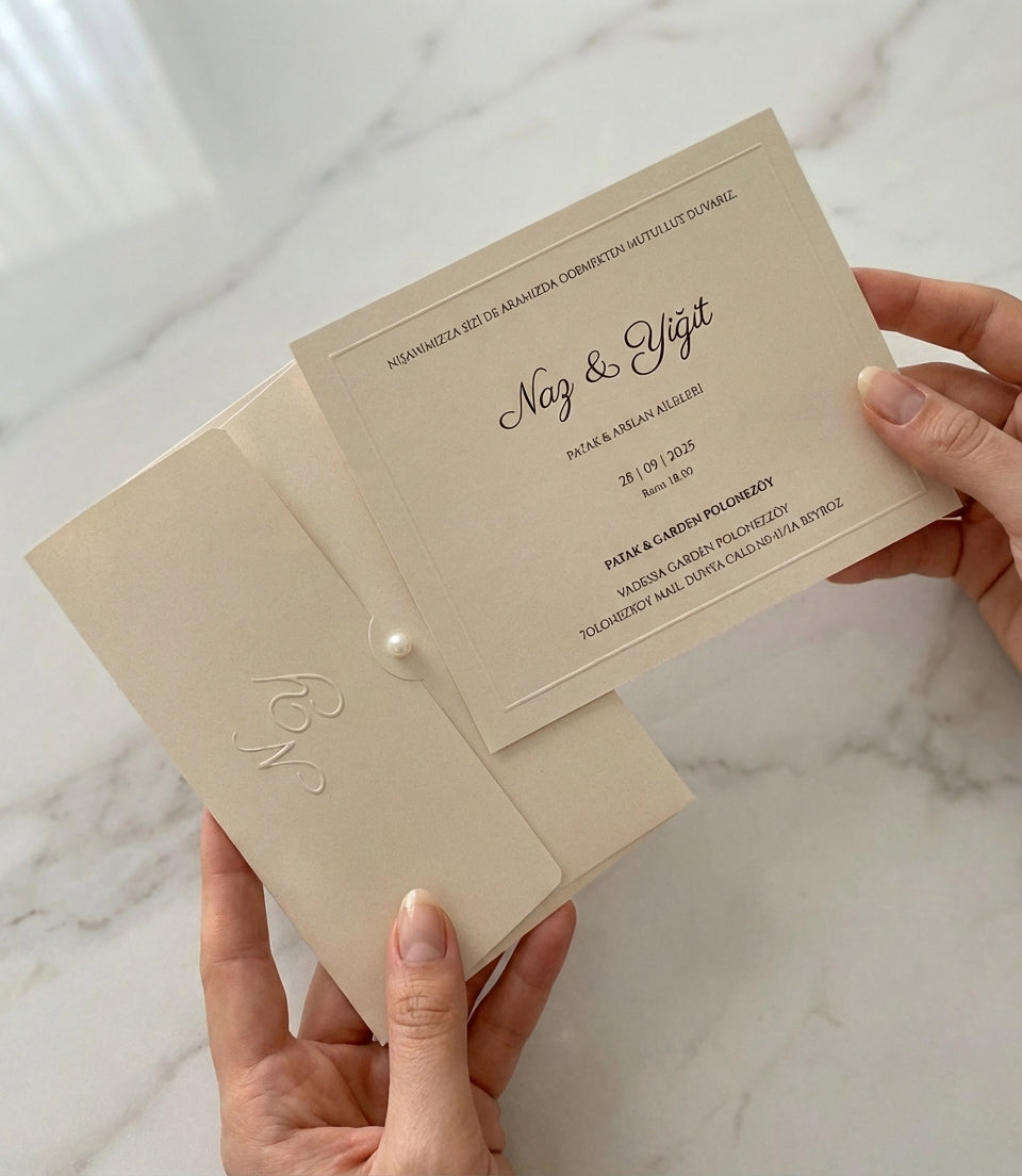 Celestina luxury wedding invitation in cream matte paper featuring an embossed monogram and elegant pearl fastener.