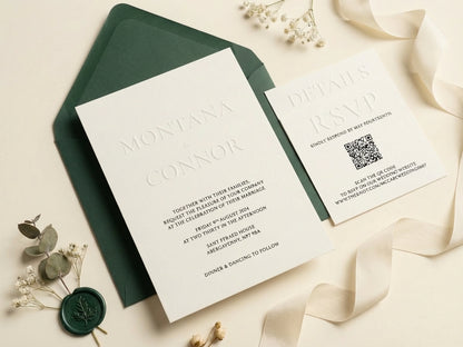 Althea embossed ivory wedding invitation suite with dark green envelope, wax seal, and elegant QR code RSVP card.