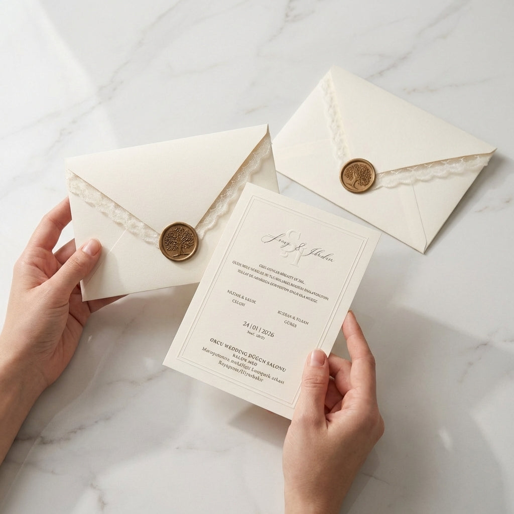 Hands holding a Celestia wedding invitation with lace-edged envelopes and gold tree-motif wax seals on white marble.