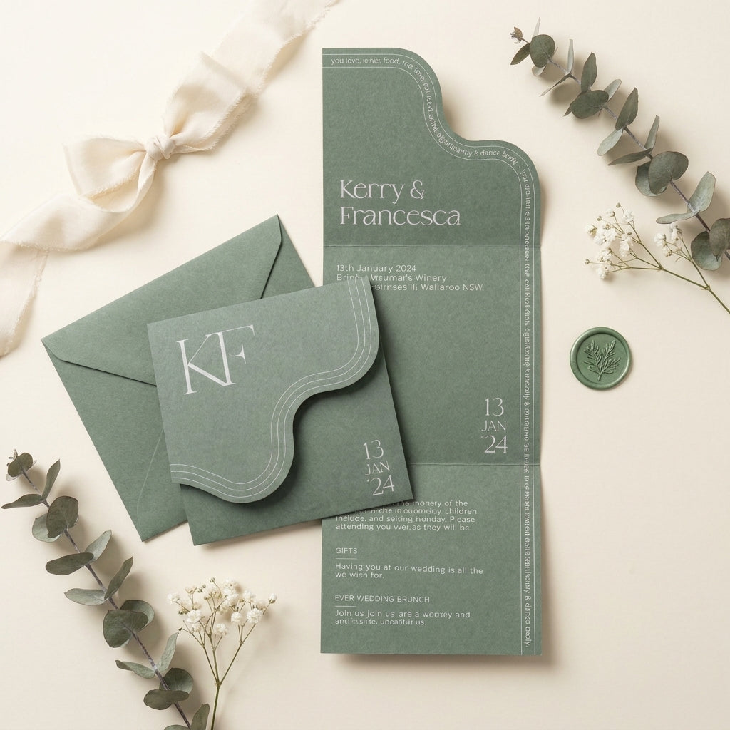 Sage green Verdura wedding invitation with a unique wavy edge layout, monogram detail, and luxury matte finish.