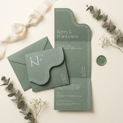 Sage green Verdura wedding invitation with a unique wavy edge layout, monogram detail, and luxury matte finish.