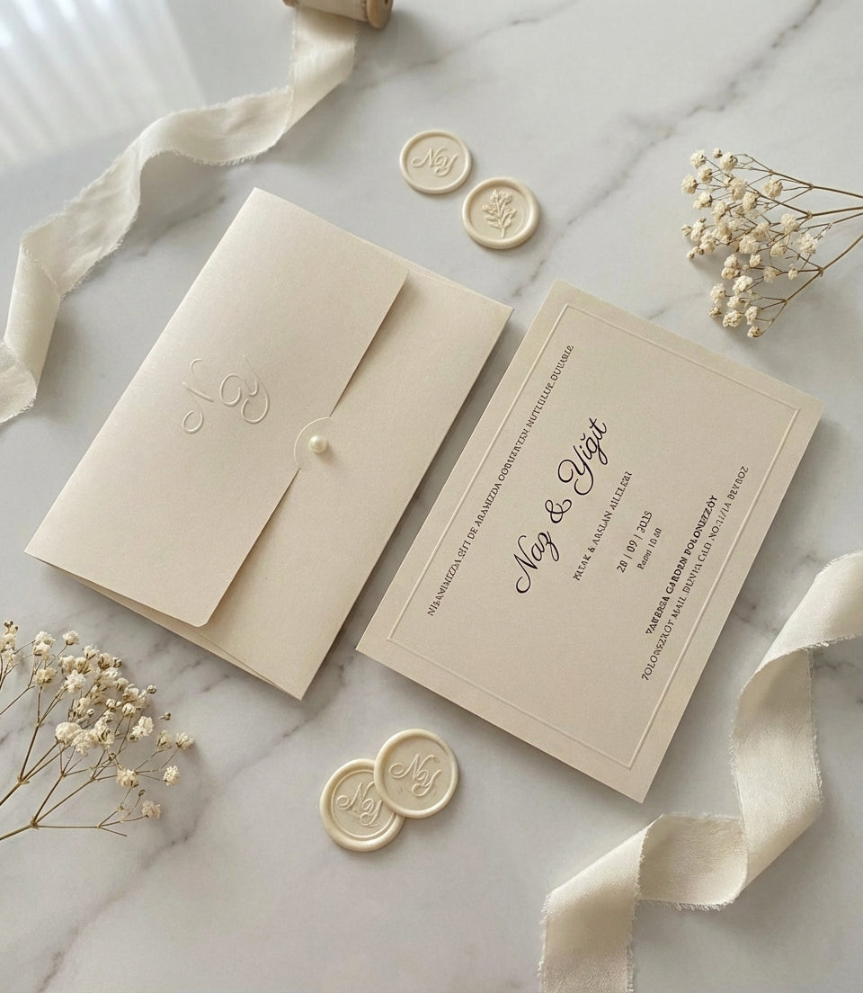 Celestina luxury wedding invitation on cream matte paper with embossed monogram, pearl detail, and cream wax seals.