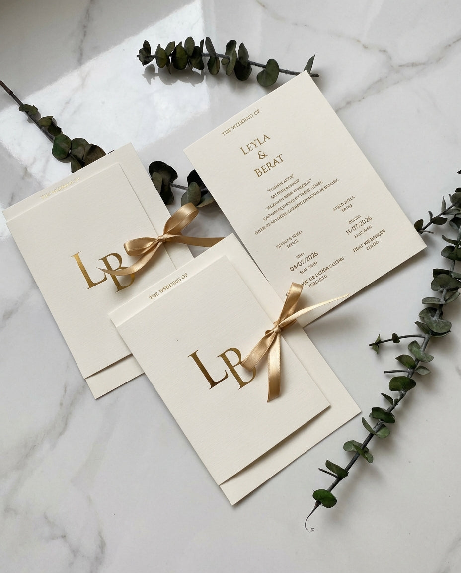 Aurielia luxury wedding invitation suite featuring gold foil monograms and silk ribbons on a white marble surface.
