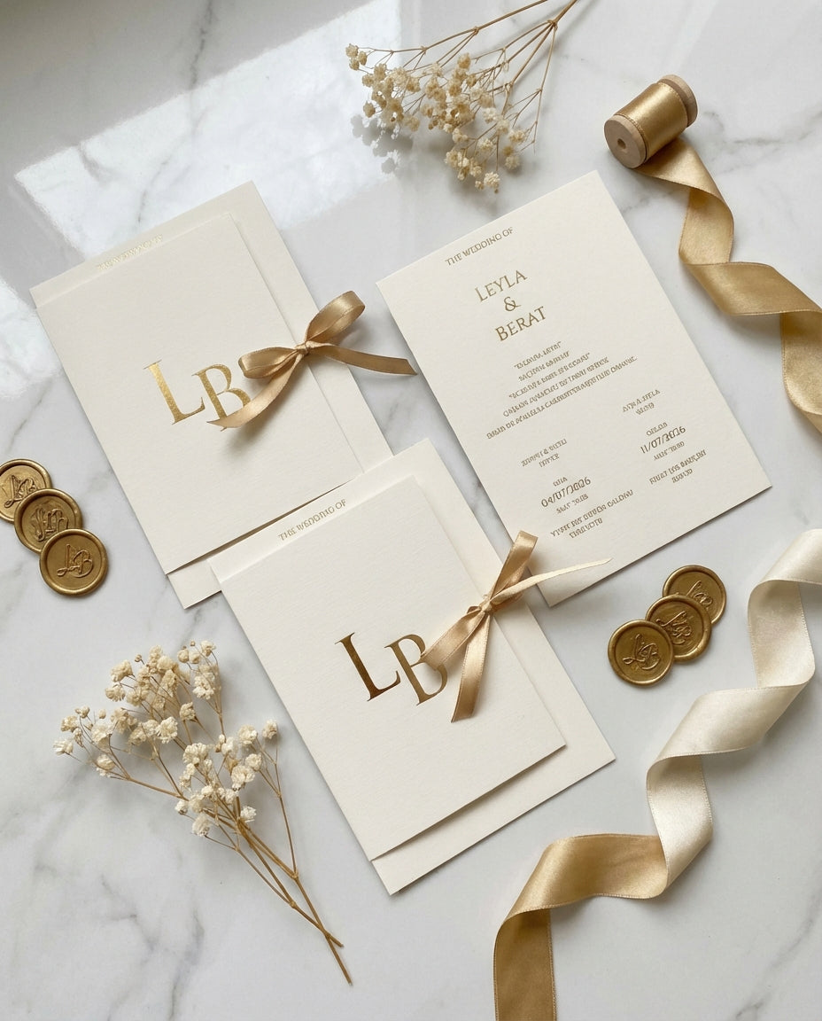 Aurielia luxury wedding invitation suite with gold foil monograms, satin ribbons, and wax seals on white marble.