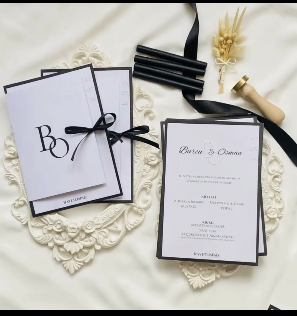 Nuit Minimal - Siyah Kurdeleli Modern Davetiye - Görsel 1