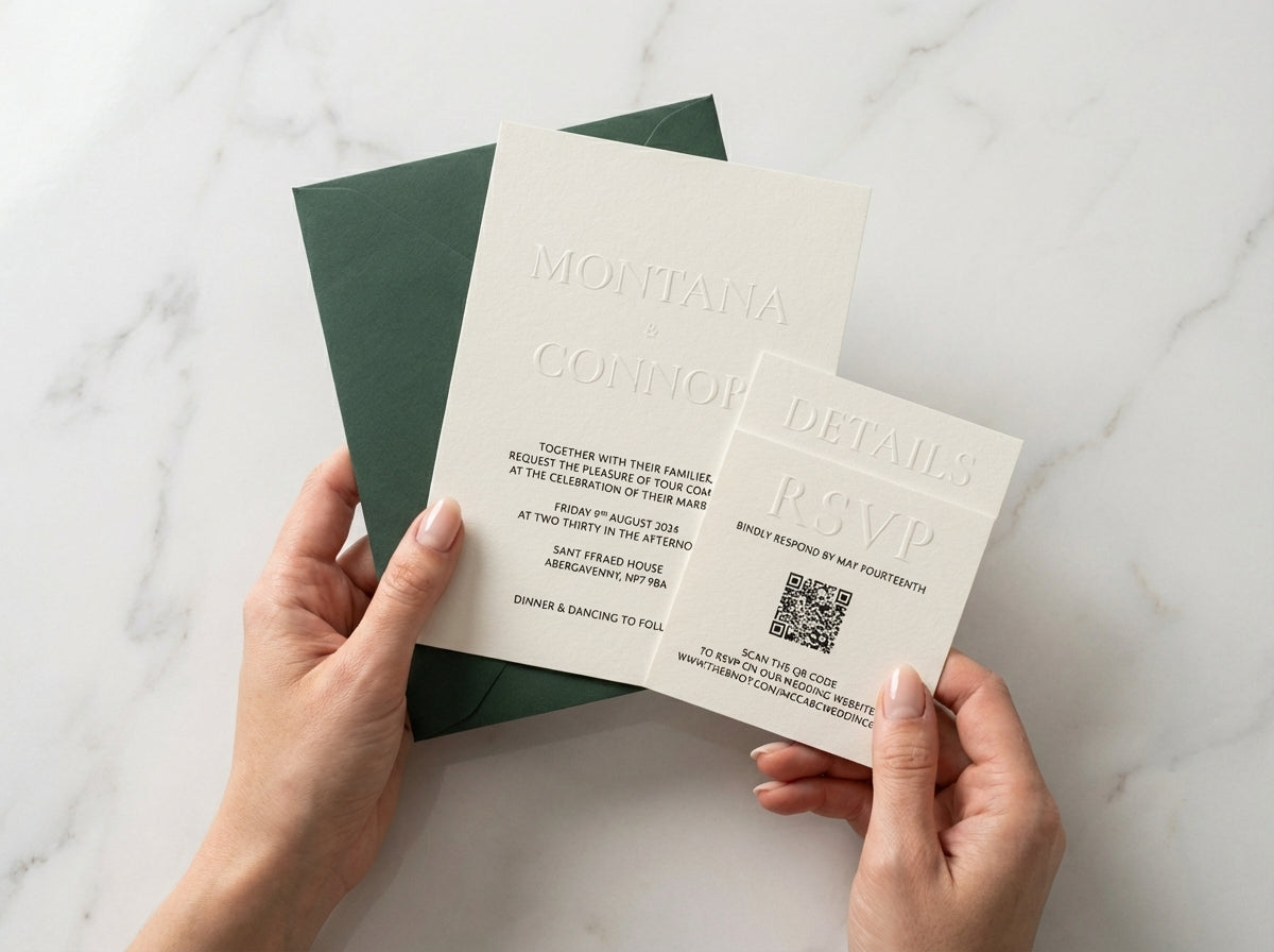 Hands holding the Althea embossed ivory wedding invitation suite with a forest green envelope on marble.