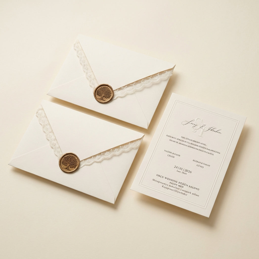 Celestia ivory wedding invitation featuring delicate lace trim and a gold wax seal with a tree of life motif.