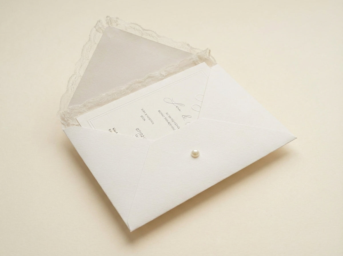 Veridia luxury wedding invitation featuring an elegant white envelope with lace trim and a delicate pearl closure.