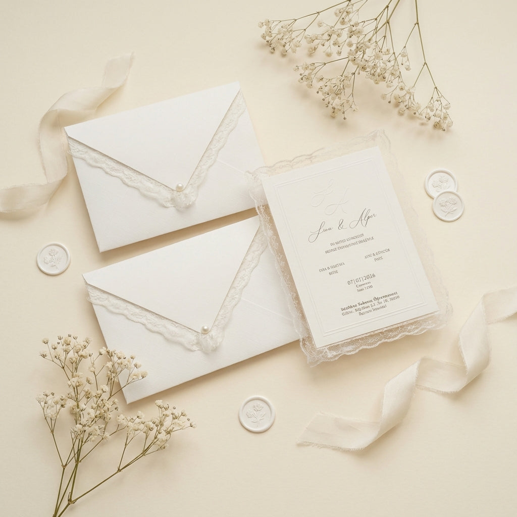Veridia luxury wedding invitation featuring delicate lace trim, pearl accents, and white wax seals with baby’s breath.
