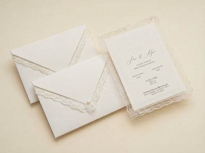 Veridia wedding invitation with delicate lace trim, pearl detail, and elegant calligraphy on a cream textured card.