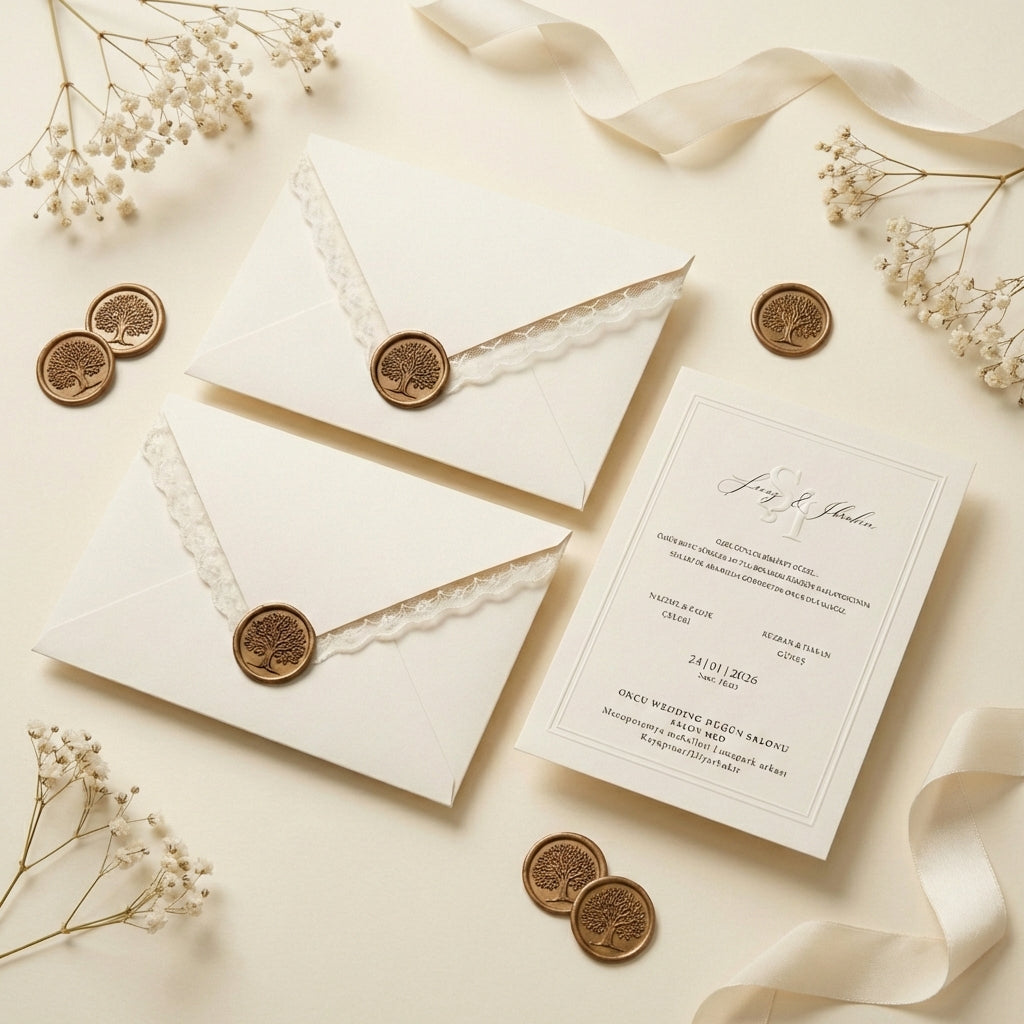 Celestia elegant wedding invitation suite with white lace trim, gold tree wax seals, and dried florals on cream paper.