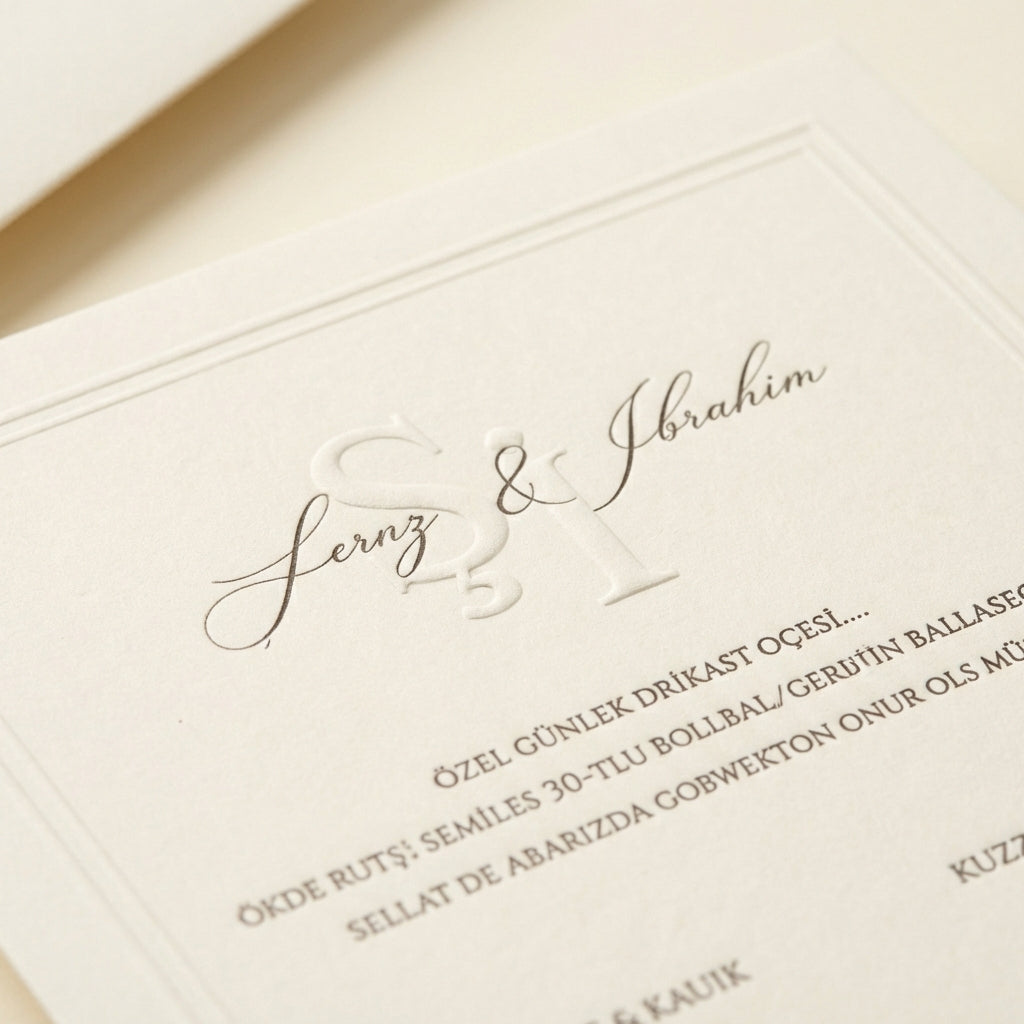 Close-up of the Celestia wedding invitation featuring an embossed monogram with elegant taupe calligraphy on cream paper.